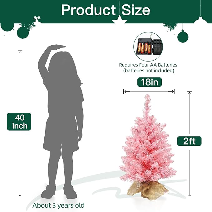 2ft Pink Christmas Tree with 50 Led Warm Lights, Artificial Christmas Tree with 72 Branch Tips, Battery Operated Small Xmas Tree for Table Desk Best Holiday Home Decorations