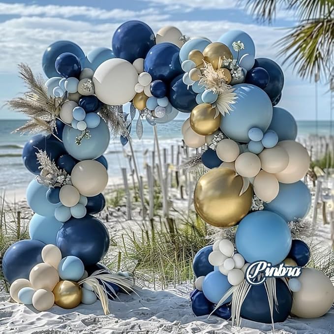 Navy Blue Balloon Garland Double Stuffed Dusty Blue Gold White Sand Balloons Beige Cream Metallic Latex Arch Kit for Neutral Baby Shower Gender Reveal Birthday Wedding Graduation Party Decorations