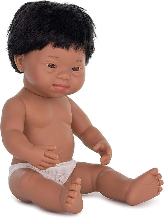 Miniland Doll 15'' Hispanic Boy with Down Syndrome (Polybag) - Made in Spain, Anatomically Correct, Quality