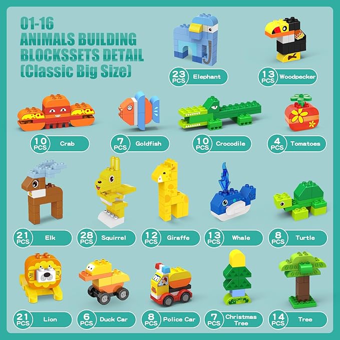 205 PCS Animals Building Blocks Sets/Compatible with DUPLO Blocks Legos for Toddlers 3-5/Party Favors for Kids/STEM Large Building Bricks Toys/Classic Big Blocks Set for Kids Age 3,4,5,6,7,8+