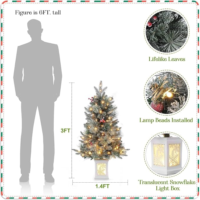 3FT Prelit Artificial Christmas Tree with Lights, 3 Foot Artificial Christmas Tree with Snowflake Base, 78 LED Prelit Christmas Tree, Battery Operated, Timer, Easy Assembly, Winter Holiday Decor