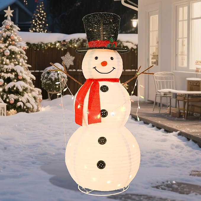 VCUTEKA 5FT Lighted Outdoor Snowman Decoration, Christmas Snowman with Red Scarf and Black Hat Holding Colorful Lights, LED Light-Up Holiday Lawn Yard Garden Décor
