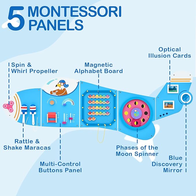 Monläurd® Wooden Airplane Activity Wall Panel for Kids, Wall Toys for Toddlers 1-3, Playroom Toys, Daycare Furniture, Montessori Busy Board