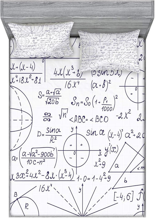 Ambesonne Modern Fitted Sheet & Pillow Sham Set, Classic Math Geometry Science Themed Numbers Pattern on Plain Background, Decorative Printed 2 Piece Bedding Decor Set, King, Dark Purple and White