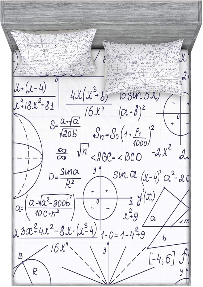 Ambesonne Modern Fitted Sheet & Pillow Sham Set, Classic Math Geometry Science Themed Numbers Pattern on Plain Background, Decorative Printed 2 Piece Bedding Decor Set, Calking, Dark Purple and White
