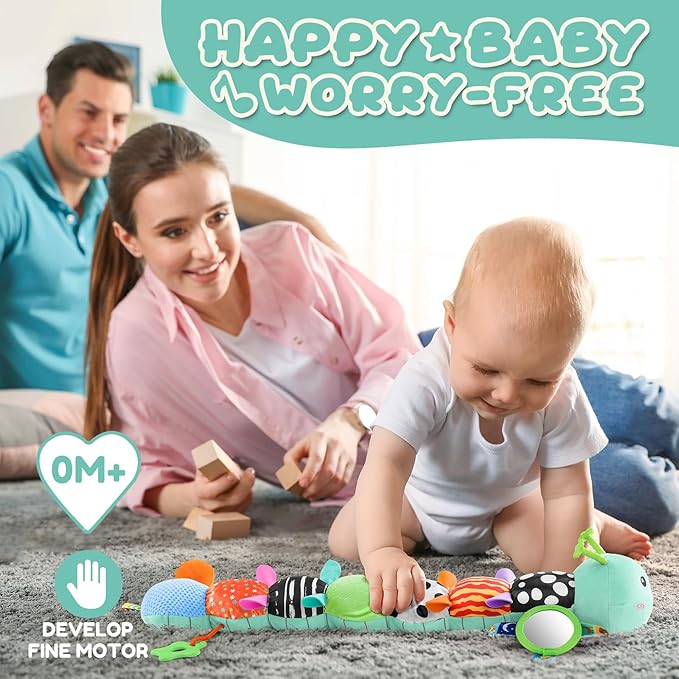 Baby Toys 0-6-12 Months,Musical Caterpillar Stuffed Animals Activity Infant Toys with Crinkle,Rattles,Mirror&Pull String,Muti-Sensory Toys Gifts for Newborn Tummy Time,Mint Blue|Leafy