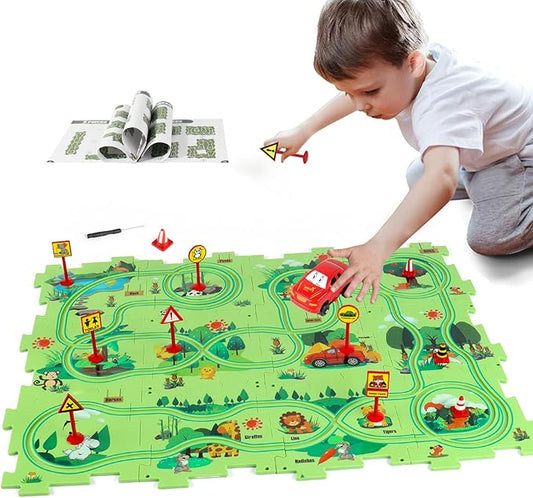 Puzzle Track Car Play Set, Plastic Puzzles for Kids with Vehicles, Railcar Puzzle, Car Tracks for Toddlers, Toys Gifts for 2 3 4 5 6 Year Old Boys, Toddler Boy Toys 2-3