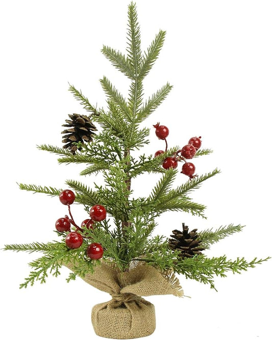 Mini Christmas Tree, 18.5 inch Tabletop Artificial Small Christmas Tree with Red Berries Pinecones Small Xmas Tree for Home, Dining Room, Office, Hotel, Party Desk, Table Top, Mantel