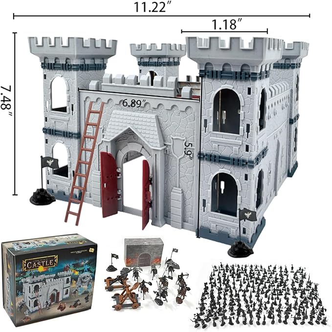Medieval Castle Knight Toy Soldier Army Figurines, DIY Assembled Cavalry, Arrow Tower,8 Knights and 8 Horse, 36 Soldiers, Simulated Siege War of Attack Castle Toy for Boys