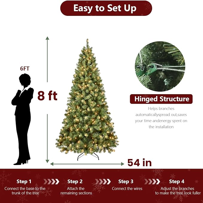 8ft Per-Lit Artificial Christmas Tree with 500 Warm White Lights, Premium Full Hinged Prelight Christmas Tree with 1460 Steel Branch Tips, Green Xmas Tree for Easy Holiday Setup,Foldable Base