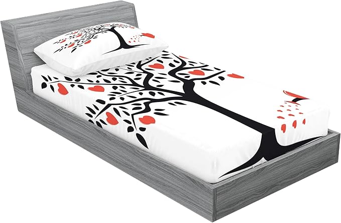 Ambesonne Valentines Day Fitted Sheet & Pillow Sham Set, Love Tree with Heart Romance Fruits Leaves Forest Couple Art, Decorative Printed 2 Piece Bedding Decor Set, Twinxl, Vermilion Black