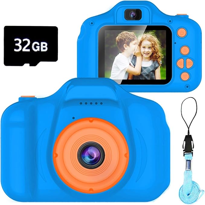 Upgrade Kids Selfie Camera, Christmas Birthday Gifts for Boys Age 3-9, HD Digital Video Cameras for Toddler, Portable Toy for 3 4 5 6 7 8 Year Old Boy with 32GB SD Card-Navy Blue