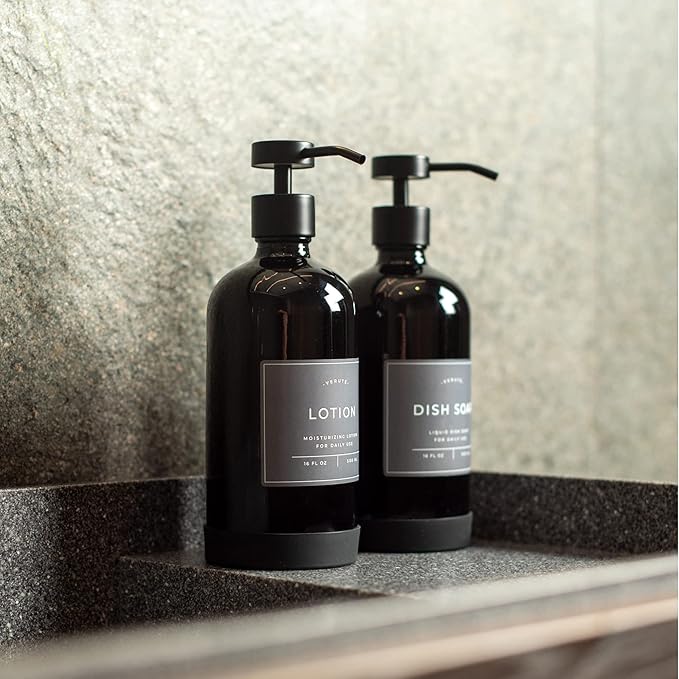 16oz Glass Soap Dispenser with Stainless Steel Pump, 21 Waterproof Labels, Non-Slip Protective Silicone Pad, Set of 2 for Bathroom & Kitchen (Gloss Black Bottle/Black Pump)