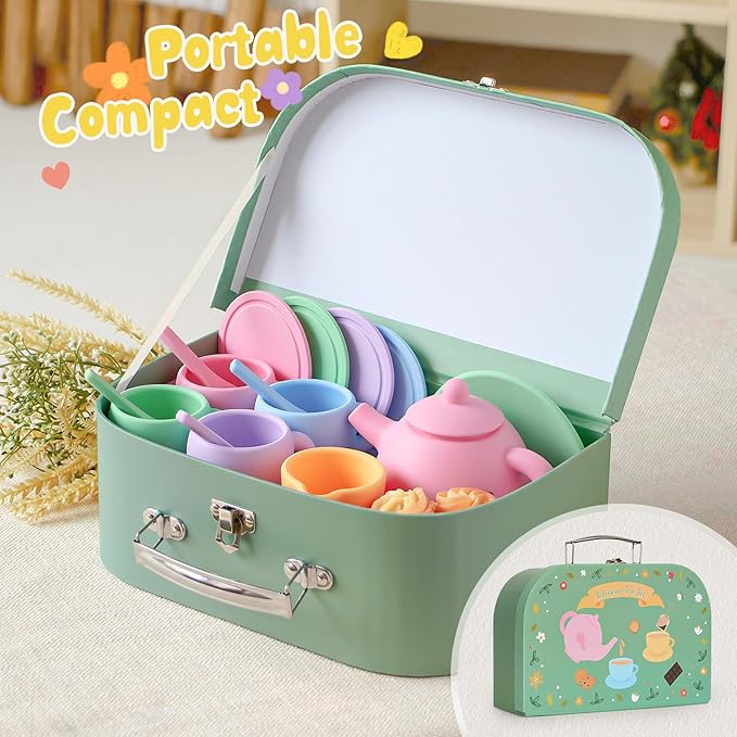 Golray Silicone Tea Sets for Toddlers 3-5, 22pcs Washable Tea Party Set with Storage Box/ Picnic Cloth, Pretend Play Kitchen Accessories Birthday Gifts Girls Toys for Kids 3 4 5 6 Years Old