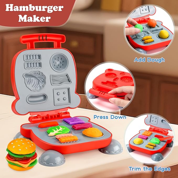 85 PCS 3 in 1 Dough Sets for Kids Ages 3-4-8, Art Crafts Dough Tools Kit, Train Engine Noodle Playset with Light & Sound, Hamburger Machine, Dessert Rack, Kitchen Creations Food Play Toys Boys Girls