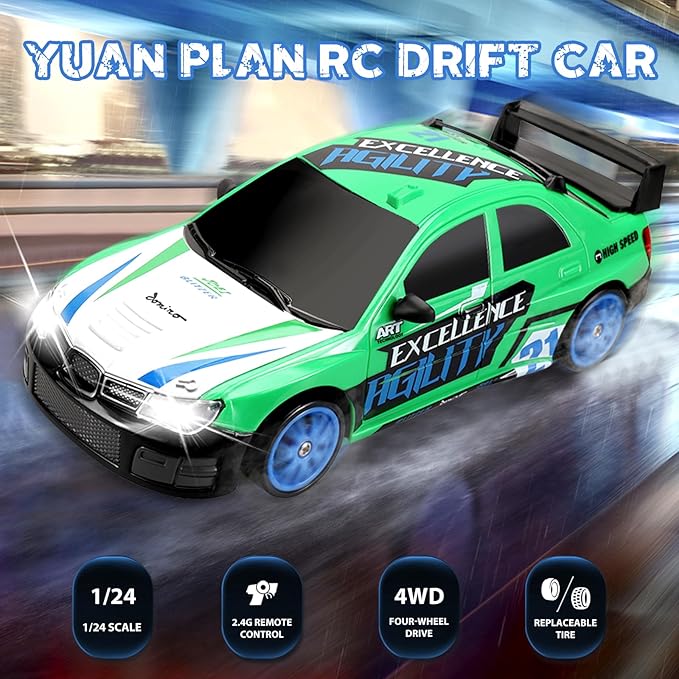 Remote Control Car RC Drift Car 2.4GHz 1:24 Scale 4WD 15KM/H High Speed, Rechargeable High Speed RC Cars with Cool Lights, Two Batteries and Extra Tires Toys for Kids