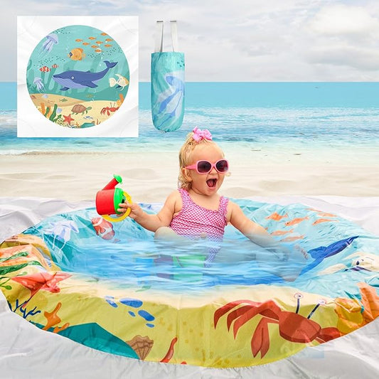 Square Baby Beach Pool, 6.5 X 6.5Ft Portable Cartoon Ocean Theme Toddler Beach Puddle, Waterproof Sandproof 2 in 1 Cute Toddler Paddling Pool Beach Blanket with Carrying Bag for Boys Girls