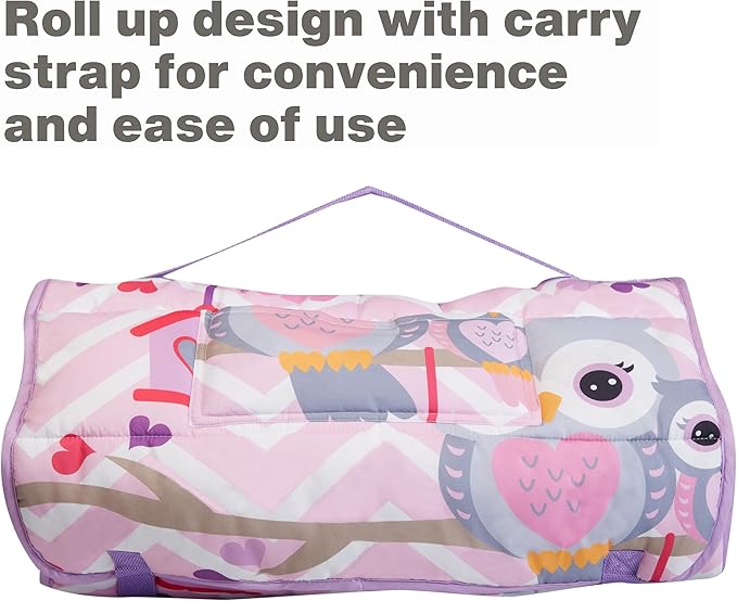 EVERYDAY KIDS Nap Mat with Removable Pillow - Sweet Owls - Carry Handle with Straps Closure, Rollup Design, Soft Microfiber for Preschool, Daycare, Travel Sleeping Bag - Ages 3-6 Years