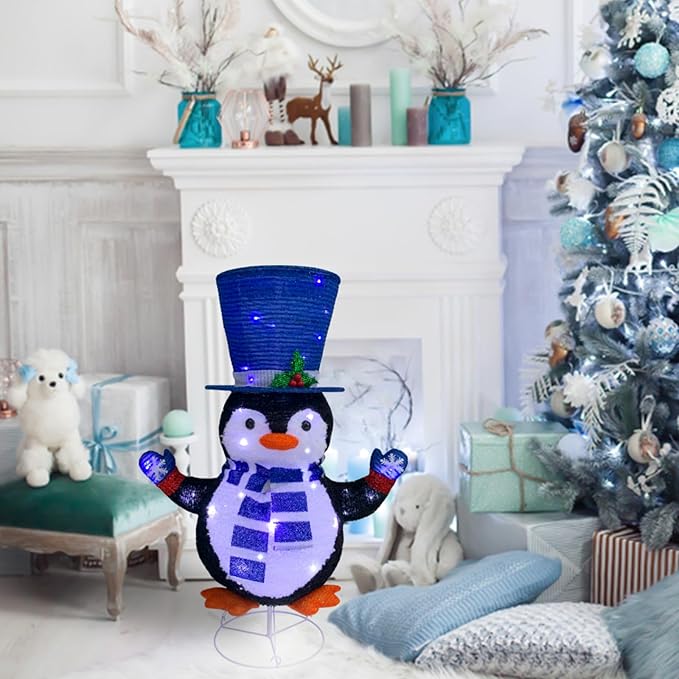 Lighted Penguin Outdoor Christmas Decorations, Pop-Up Penguin Outdoor Décor Prelit 60 Lights, Collapsible Lighted Blue Christmas Decorations for Porch, Yard, Garden-Blue