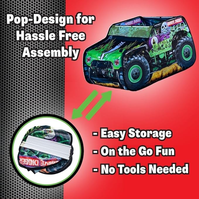 Monster Jam Grave Digger Pop Up Tent – Monster Truck Playhouse for Kids | Removable Skull Key Fob with Vehicle Sounds | Car Toys for Toddlers – Sunny Days Entertainment