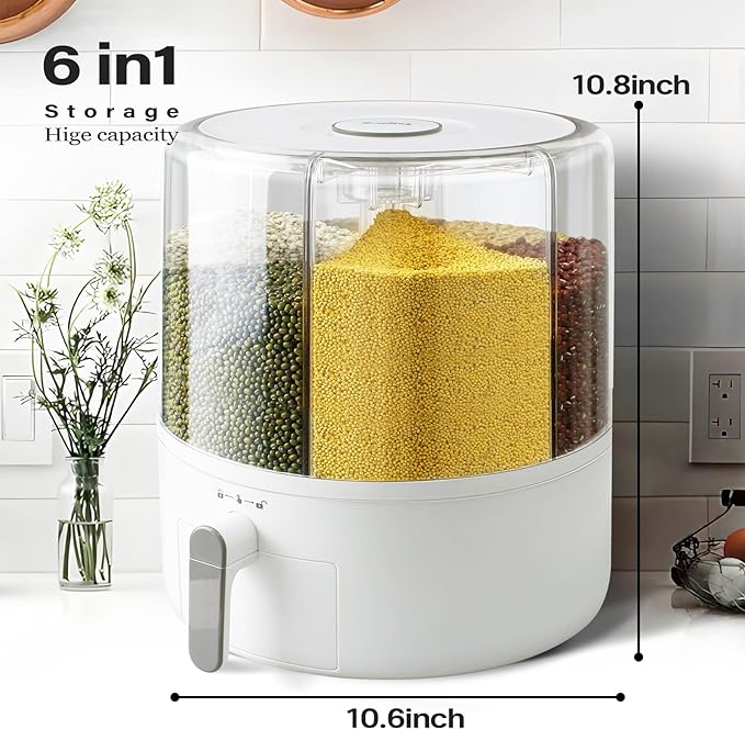 16lb Grain Dispenser 6 Grid Grain Container, 360° Rotating Dry Food Dispenser, Airtight Storage, Upgrade 6 Compartment Rotating Grain Dispenser Storage Container