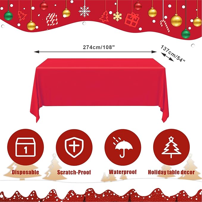 12 Pack Christmas Tablecloths for Rectangle Tables, 54 x 108 Inch Disposable Plastic Table Covers for Xmas Party Decoration, Red White Green Waterproof Table Cloth Bulk for Wedding Gathering Banquet