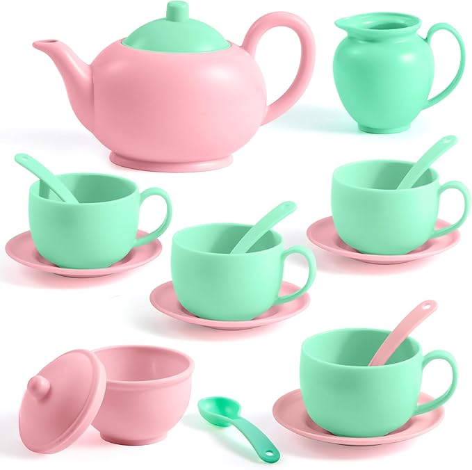 JOYIN 18PCS Pretend Tea Party Set, Plastic Tea Set, Mini Kitchen for Kids, Gifts for Toddler Boys Girls Ages 3 4 5 6 Years Old