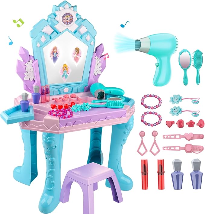 Toddler Vanity Magic Makeup Table and Chair Set Girl Toys Mirror with Music Light Frozen Toys for 3 4 Year Old Girls Hair Salon Pretend Play Princess Dress Up Playset Kids Toddler