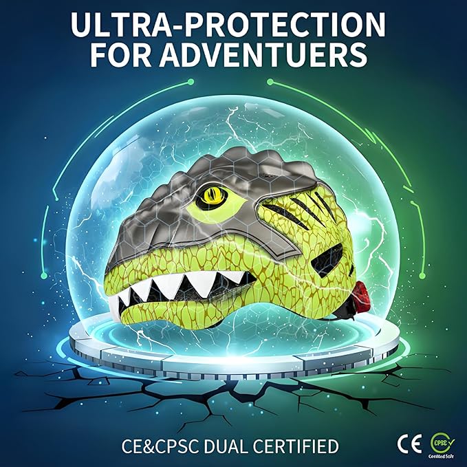 KINGBIKE Toddler Helmet 2-3-5-8 Years Kids Balance Bike Helmets Size Adjustable 3D Dinosaur with Led Light for Skateboard Scooter Cycling Skaterolling