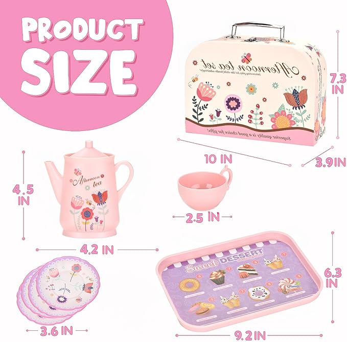 Kids Plastic Tea Party Set for Toddlers & Girls Ages 3-8 – Princess Pretend Play Kitchen Toy with Carrying Case, Teapot, Cups, Saucers, Dessert Toys & Tray | Gift for Little Girls Birthday