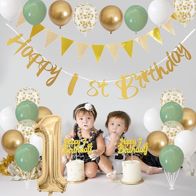 1st Birthday Decorations for Boys Girls, Sage Green White Gold Birthday Balloons with Happy 1st Birthday Banner First Birthday Cake Decoration Number 1 Balloon for Baby 1 Year Old Birthday Party Decor