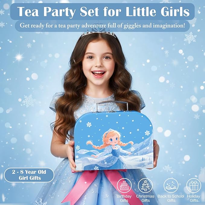 Tea Party Set for Little Girls, 49PCS Princess Tea Time Toys Including Teaset Dessert Carrying Case, Kids Pretend Play Kitchen Toys, Toddler Girl Birthday Gifts for 3-8 Year Old, Snowflake