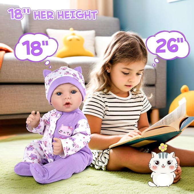 Aori Lifelike Reborn Baby Dolls Girl - Realistic 18-Inch Newborn Baby Doll, Nice Gift Set for Kids, Parents-to-be, Grandparents, Purple Clothes