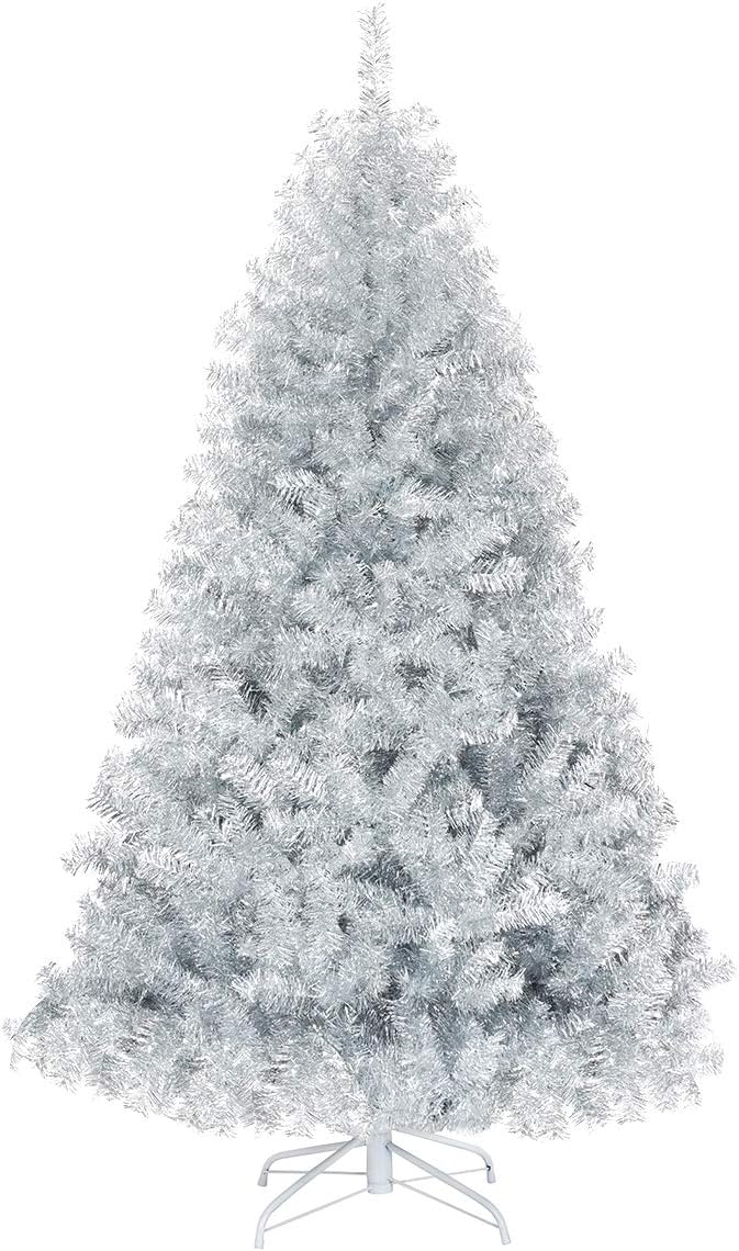 GOFLAME 6 FT Artificial Christmas Tree Hinged with 1036 Branch Tips, Silver Tinsel Christmas Tree with Metal Stand, Electroplated Technology for Indoor and Outdoor Holiday Decoration