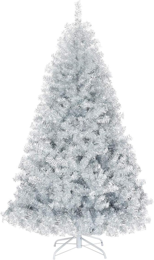 GOFLAME 6 FT Artificial Christmas Tree Hinged with 1036 Branch Tips, Silver Tinsel Christmas Tree with Metal Stand, Electroplated Technology for Indoor and Outdoor Holiday Decoration