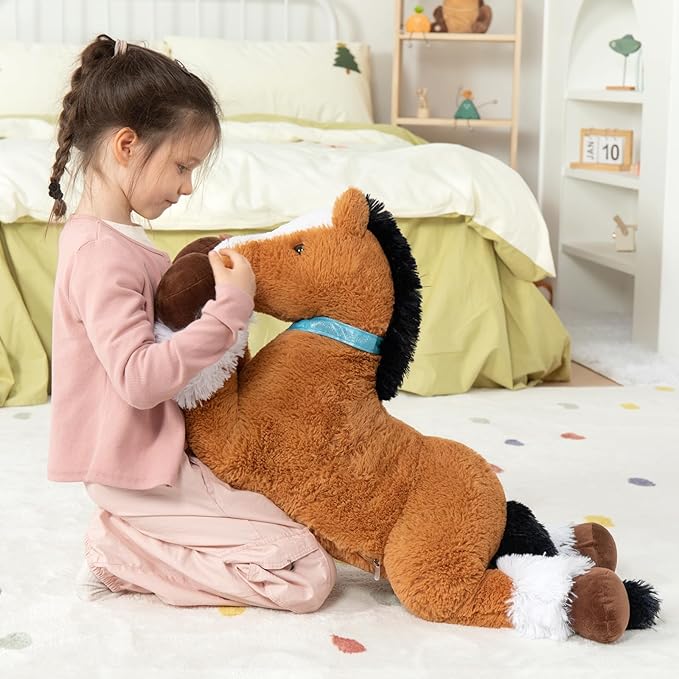 MaoGoLan Large Horse Plush Stuffed Animal, Big Horse Plush Toy, Stuffed Foal Toy, Ridable Pony Plush Pillow for Kids Girls 33 inches Tan