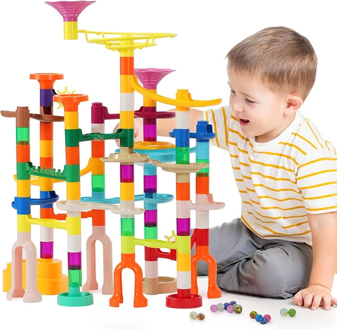 Marble Run, 166Pcs Marble Maze Building Block Toys for Kids, STEM Learning Toys Marble Track Race Set with 30 Glow in The Dark Glass Marbles Birthday Gift Toys for Boys & Girls Aged 3-12