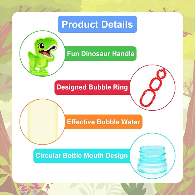 24 Pack Dinosaur Bubble Wands for Kids - Refillable Dino Bubble Sticks with Cute Dinosaur Designs, Bubbles Bulk Toys for Birthday, Classroom Prizes, Party Favors, Outdoor Play, Boys & Girls Gifts