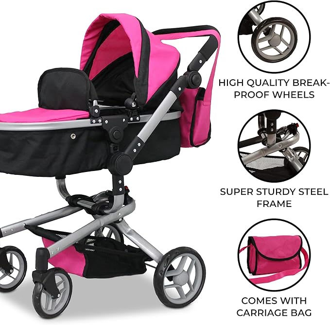 Mommy & Me 2 in 1 Deluxe Baby Doll Stroller, Toy Baby Stroller with Diaper Bag, Foldable, Doll Carriage for Kids, 32 Inches