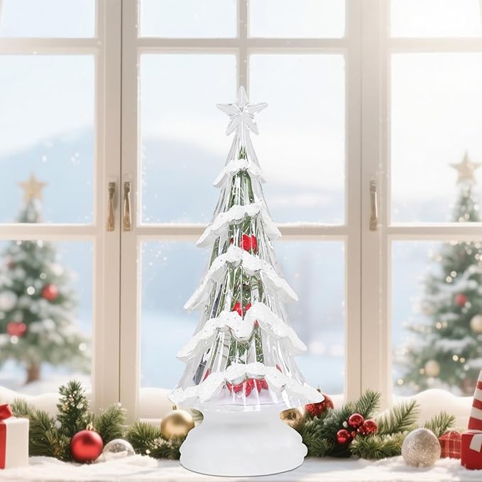 Acrylic Christmas Tree Table Decor, 11" Lighted up Christmas Tree Figurine, Battery Operated Home Decorations Gift for Indoor Holiday Party Mantel Fireplace Centerpiece Decor