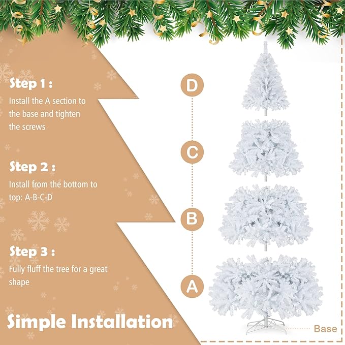 GOFLAME 9FT White Christmas Tree, Artificial Hinged Christmas Tree with 2132 PVC Branch Tips and Folding Metal Stand, Indoor Outdoor Xmas Decoration Tree for Home Office Party, Easy Setup