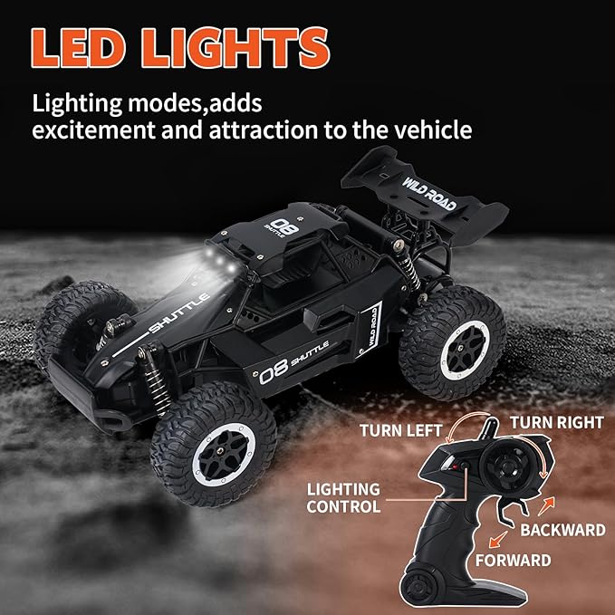 Remote Control Car, Remote Control Truck, 1:16 Balck 2.4Ghz All Terrain Off-Road Monster Truck, 20 km/h RC Cars with LED Bodylight and 2 Rechargeable Batteries Toys Gifts for Adults Boys 3+ Years