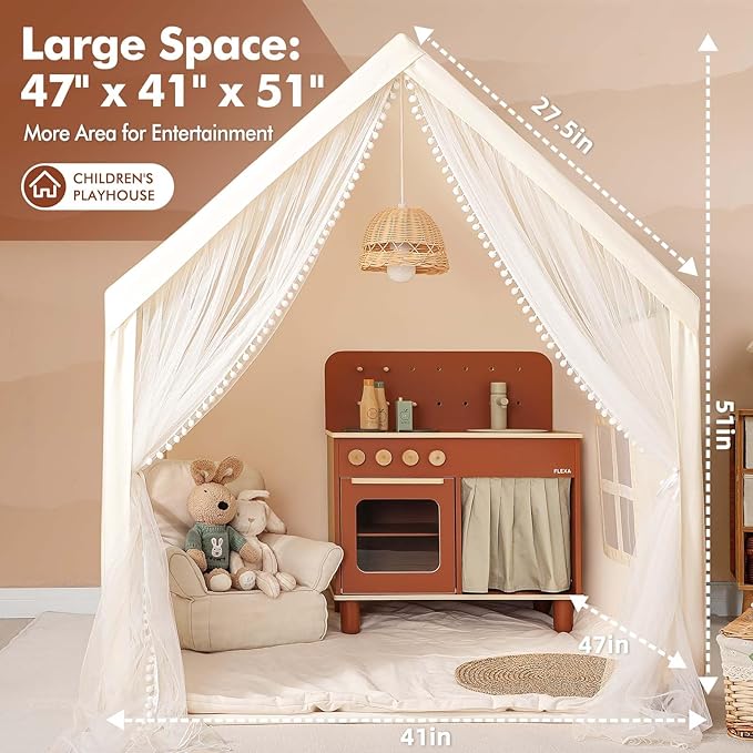 Monobeach Kids Tent Beige Play Tent with Long Mesh Curtain Large Playhouse for Indoor Outdoor Play Cottage Castle Toy for Girls Boys House Gift (Beige Kids Play Tent)