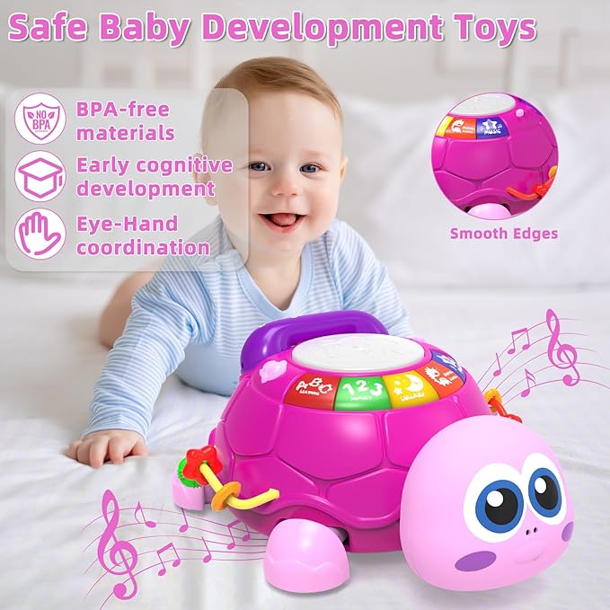 Musical Turtle Baby Toys 6-12 Months，Baby Crawling Toys for 12-18 Months,Early Learning Toy with Light&Sound,Tummy Time Toys Gifts for 3-6 4 5 7 8 9-12 18 Month Boy Girl（Pink）