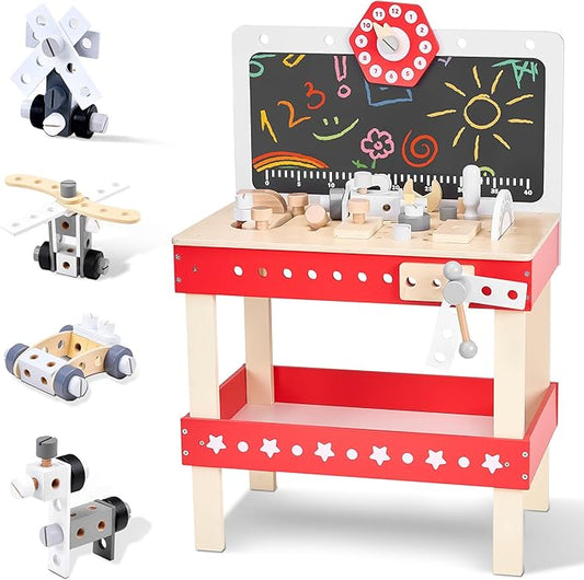 Kids' Wooden Tool Workbench Playset with STEM Construction Toys, Toddler Tool Bench with Ample Storage Space and Blackboard, Creative Gift for Ages 3-7, Red