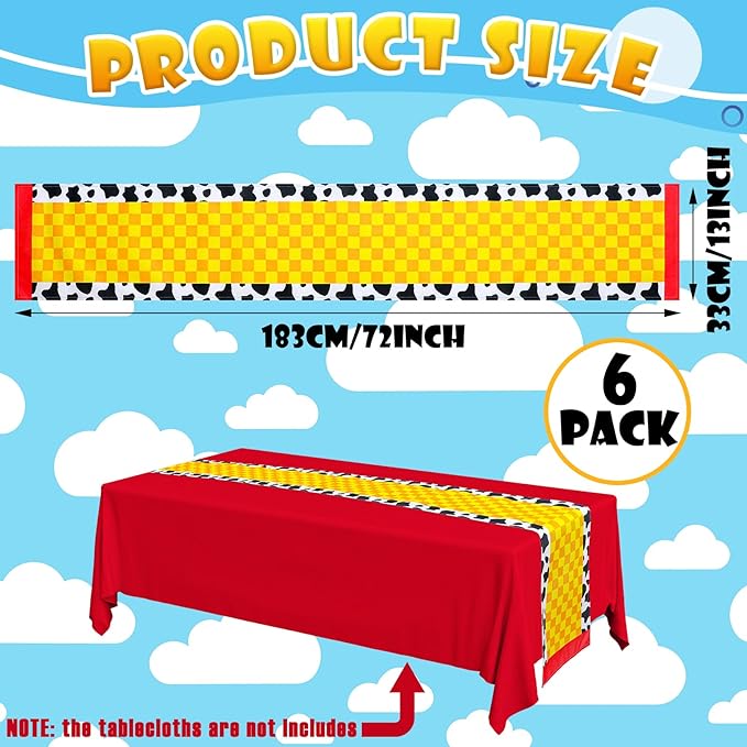 6 Pcs Cartoon Table Runner Cartoon Birthday Party Supplies Cow Pattern Printed Check Table Decor Tablecloth Party Supplies,13 x 72 in (Classic)