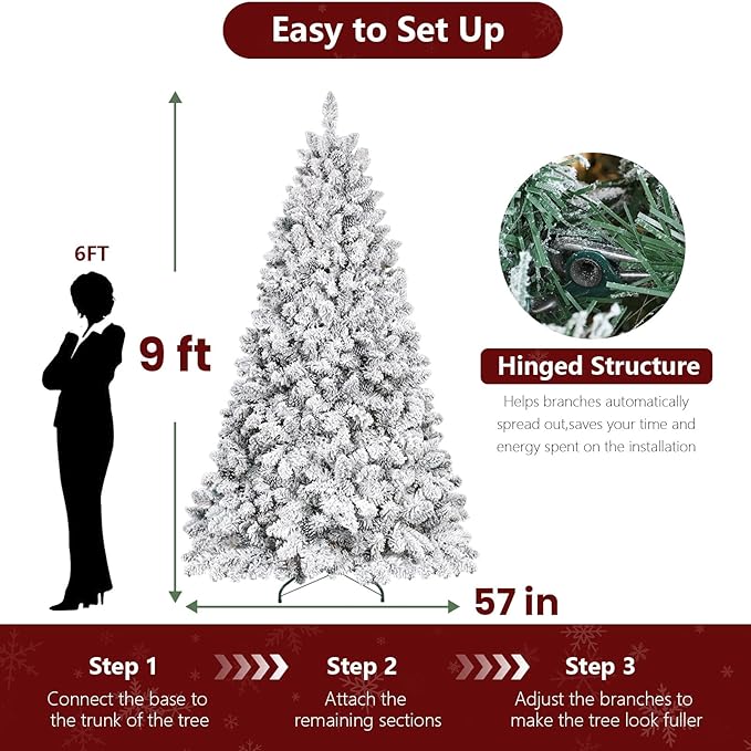 9ft Unlit Snow Flocked Christmas Tree, Artificial Christmas Tree with 1910 Branch Tips, Premium Spruce Full Xmas Tree for Easy Holiday Setup, Foldable Metal Base