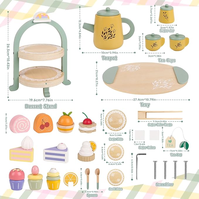 Wooden Tea Party Set for Little Girls, Toddler Tea Set with Cupcake Stand & Food Dessert, Pretend Play Food Kitchen Accessories for Kids Girls Age 2 3 4 5 6 Birthday Gift Wood Educational Toys