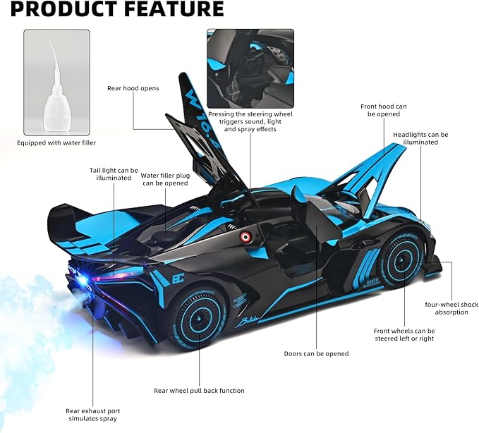Toddler Car Toys 1/24 Diecast Cars Compatible for Bolide Model Car Collection,Spray Bolide Toy Car for Boys,Pull Back Cars with Light and Sound,Toy Cars for Boys Age 4-7（Blue）