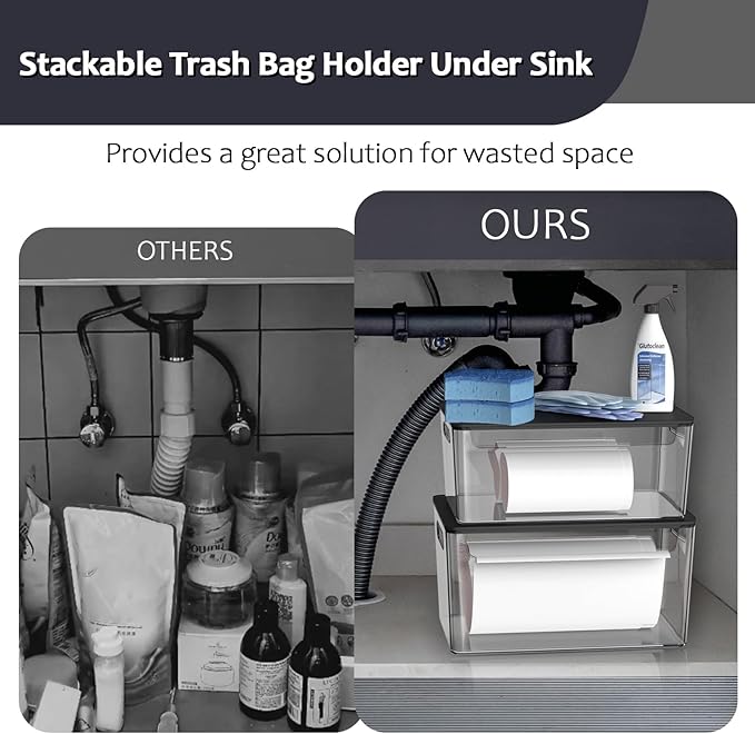 2 Pack Trash Bag Holder Under Sink Stackable, Plastic Garbage Bag Dispenser with Lid, Trash Bag Storage Dispenser Roll Holder for Kitchen, Pantry, Laundry Room Organization (Black Lid)
